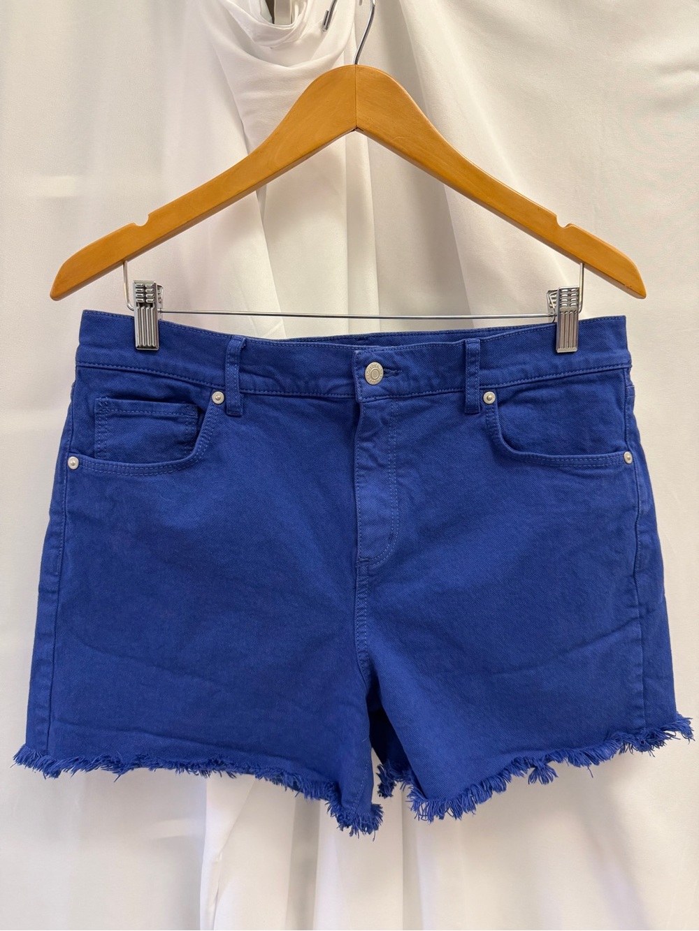 LOFT High Rise Frayed Denim Shorts 3" Cobalt Royal Blue Raw Hem Size 10